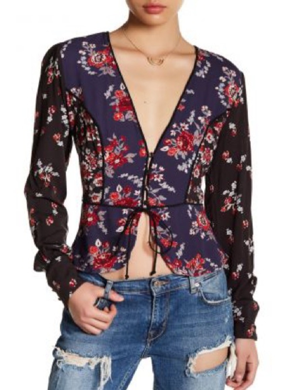 Free People The Way The World Turns Floral Boho Long Sleeve Blouse Top Medium